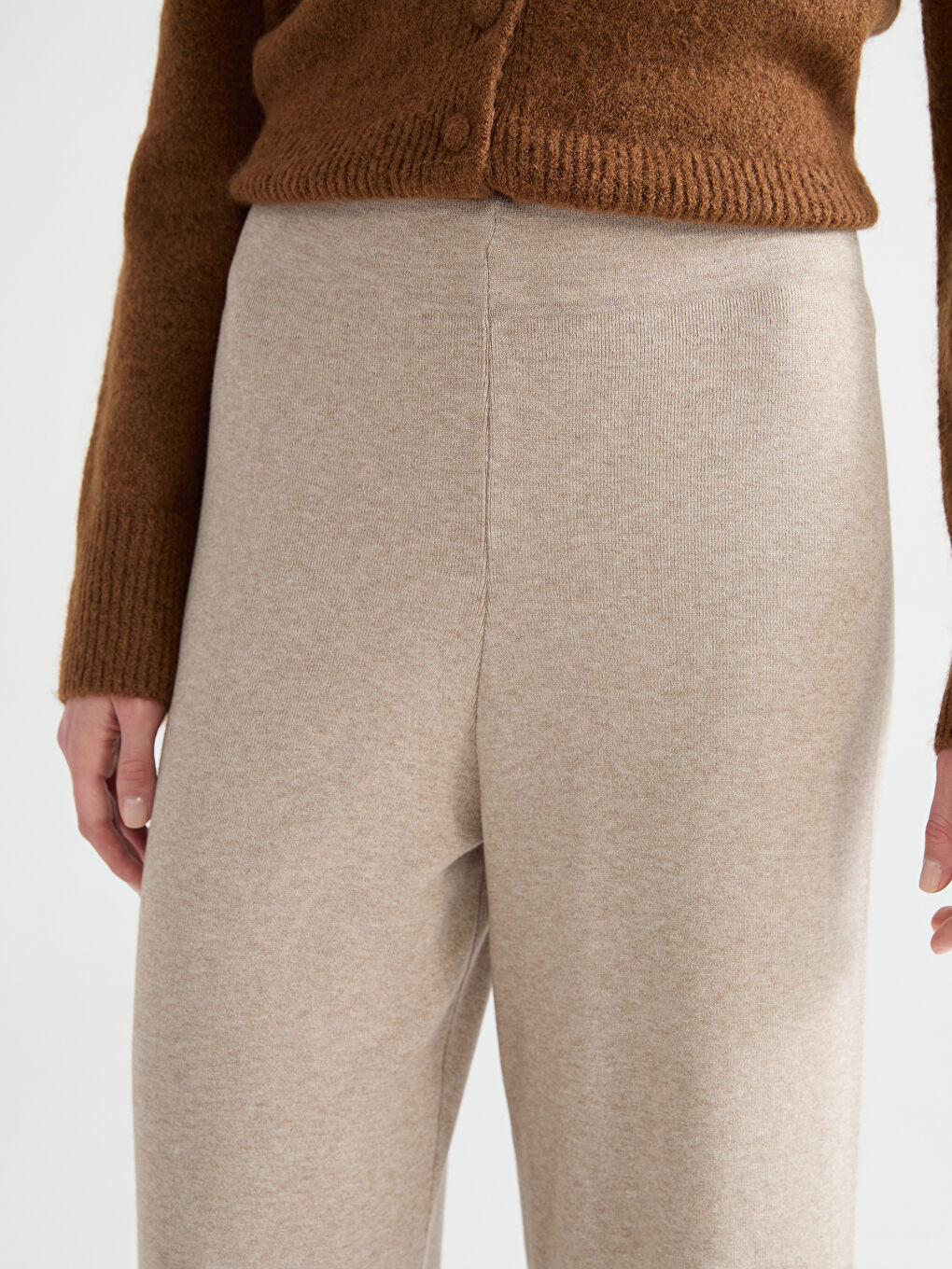 Bej Beli Lastikli Kadın Triko Pantolon-2