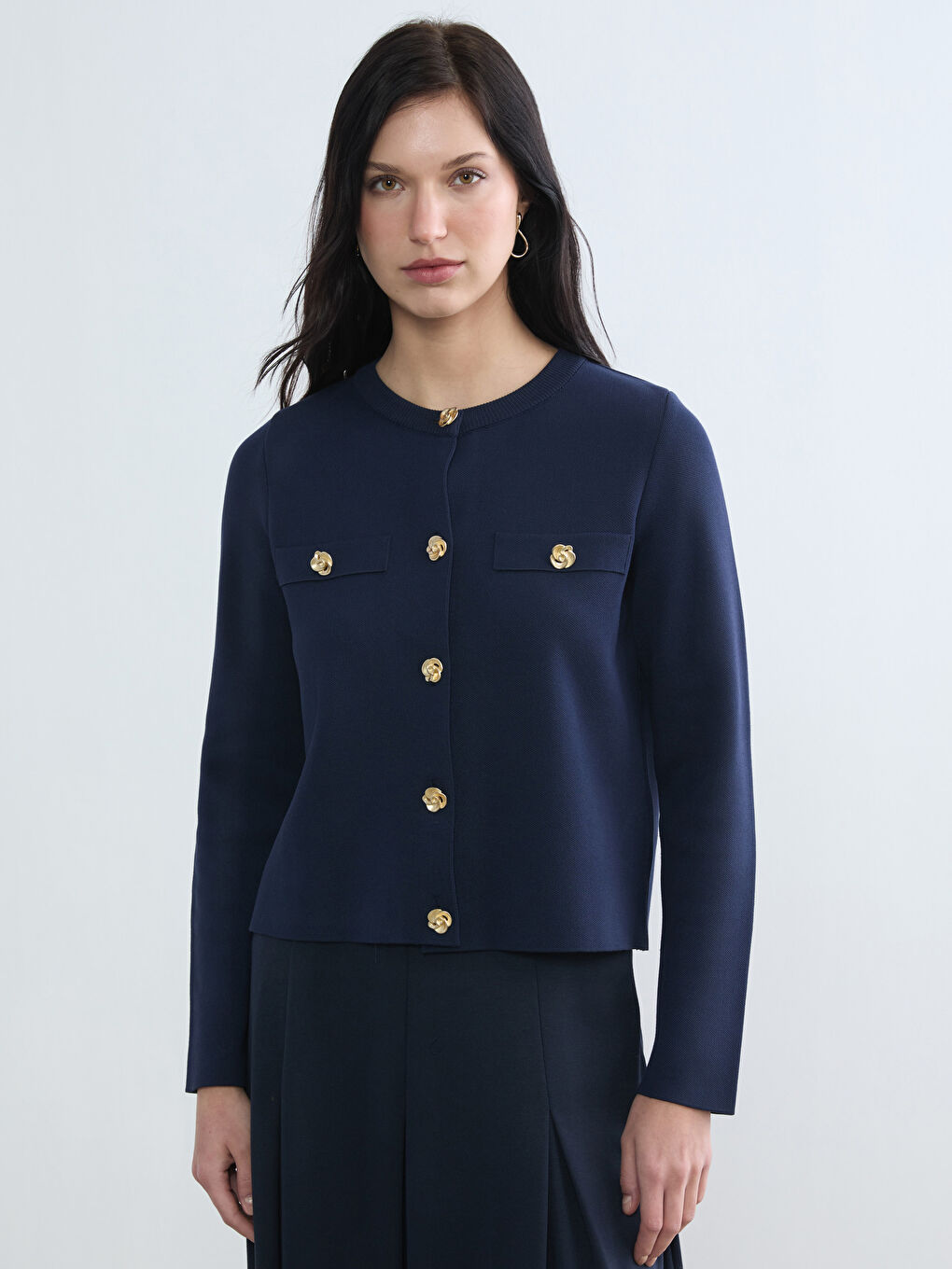 Lacivert Bisiklet Yaka Kadın Triko Hırka