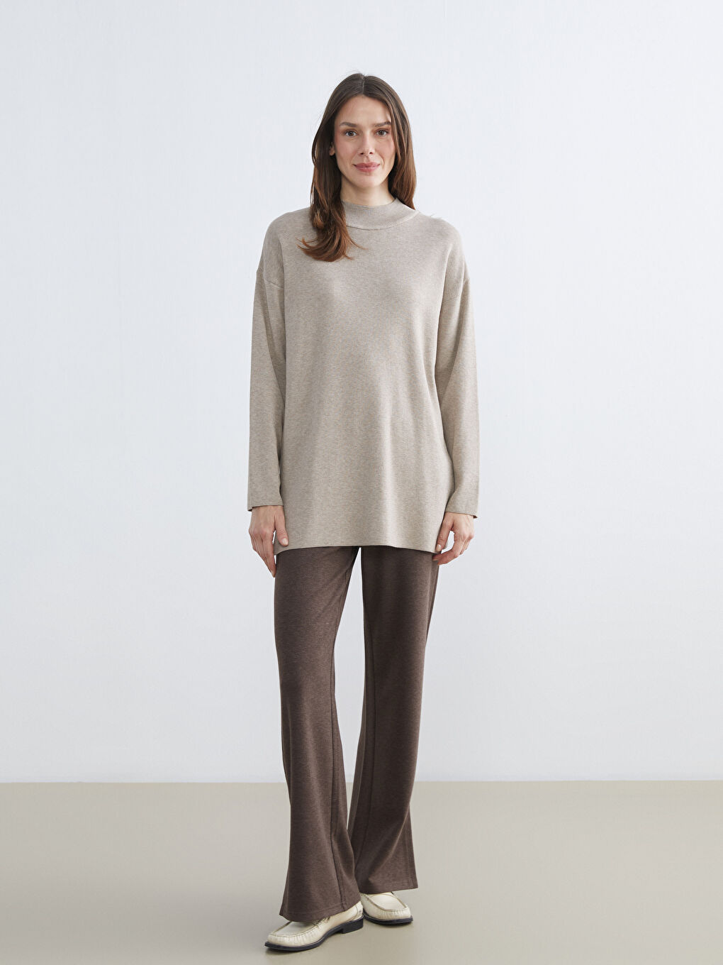 Bej Dik Yaka Kadın Triko Kazak-1