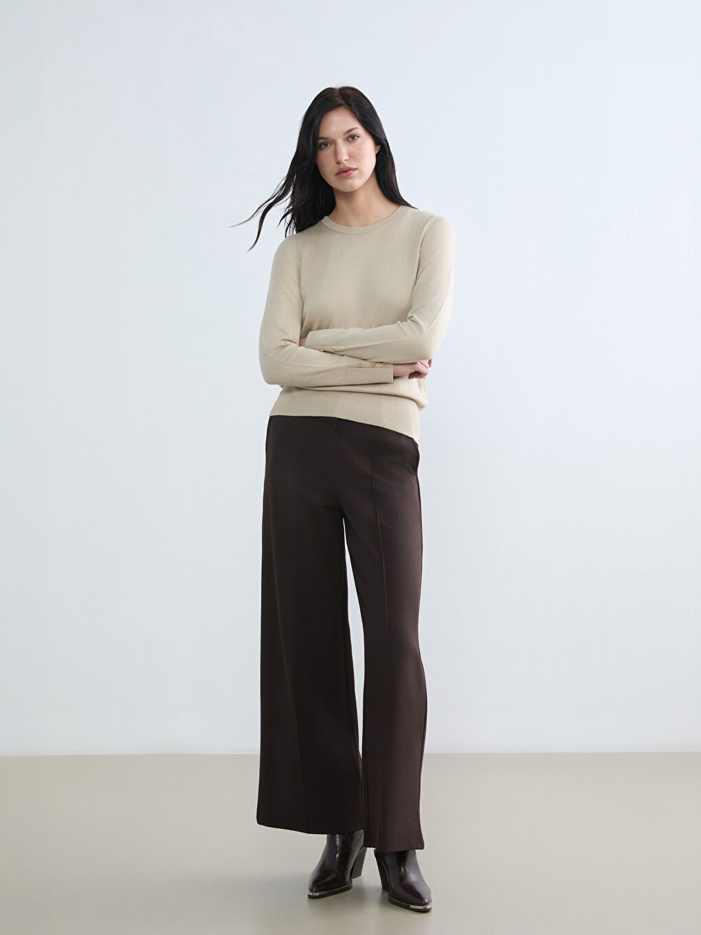 Bej Bisiklet Yaka Kadın Triko Kazak-1