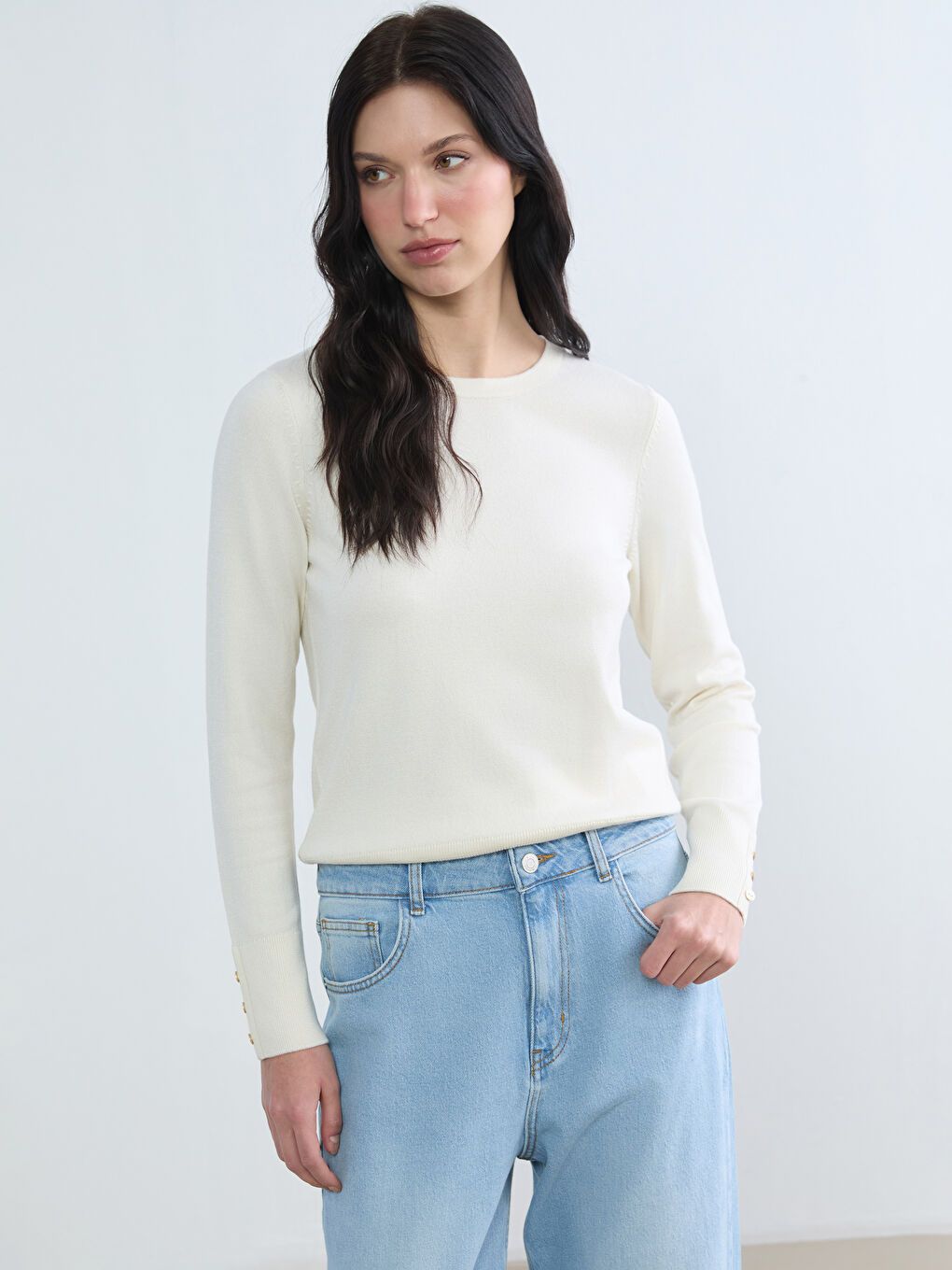 Ekru Bisiklet Yaka Kadın Triko Kazak