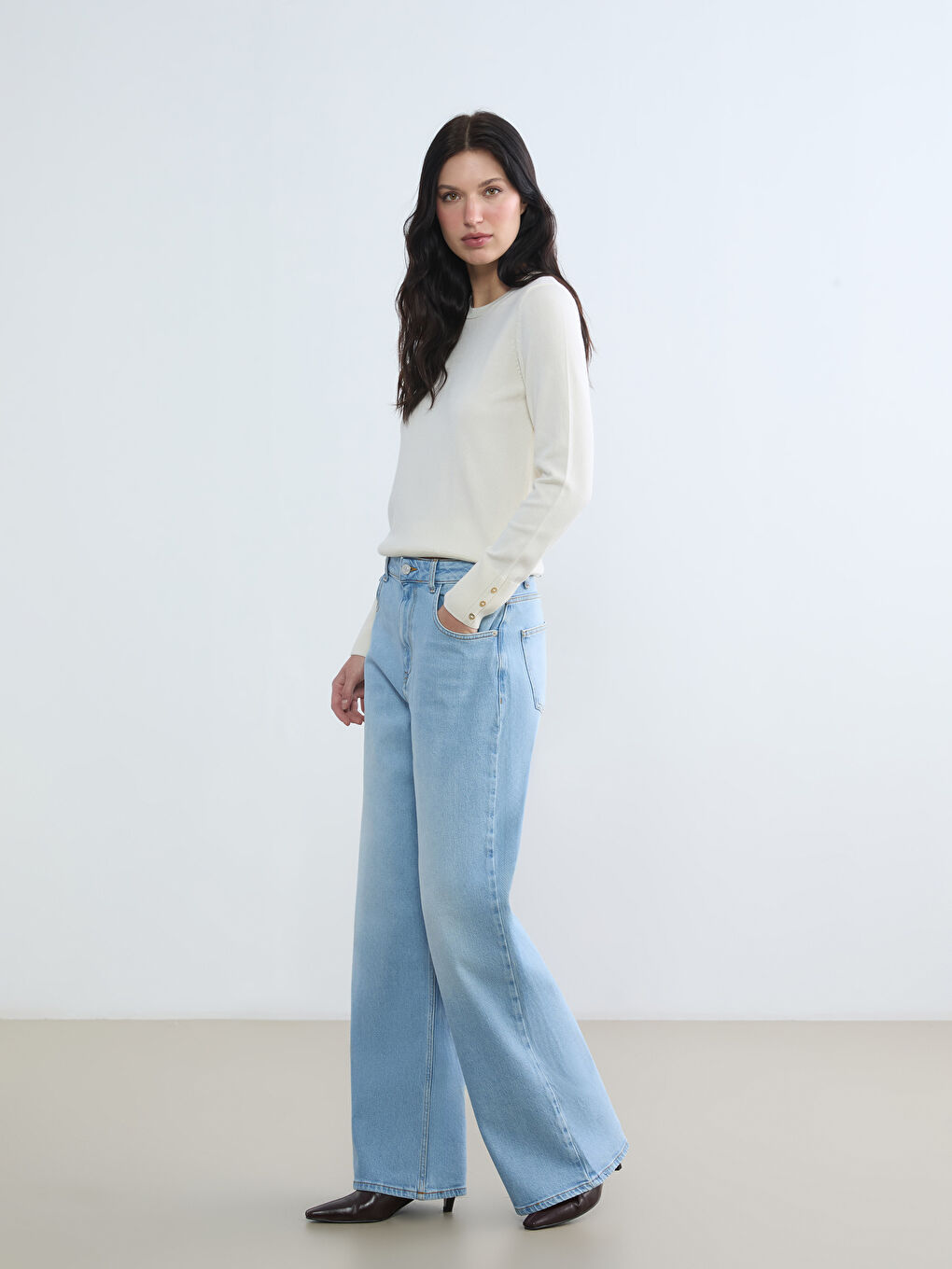 Ekru Bisiklet Yaka Kadın Triko Kazak-1