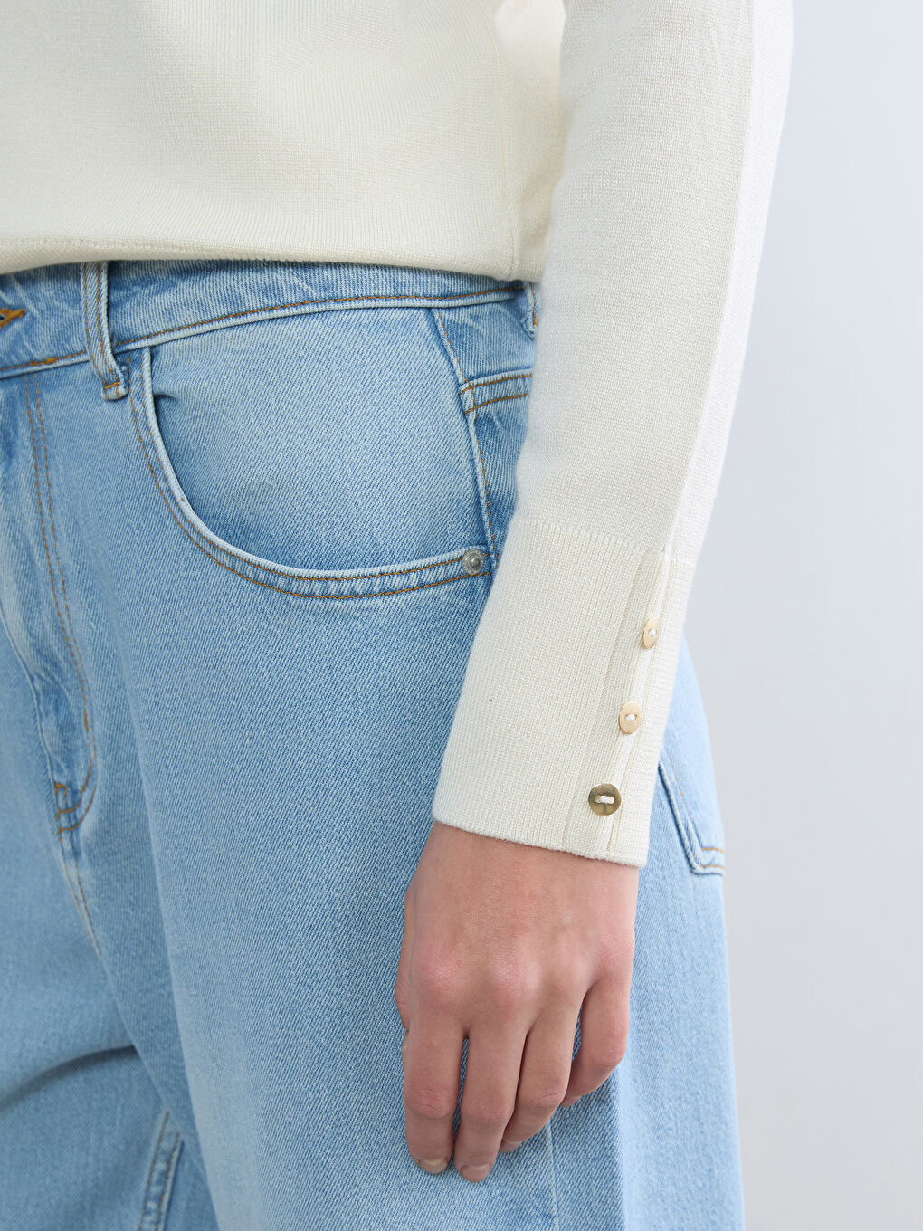 Ekru Bisiklet Yaka Kadın Triko Kazak-2