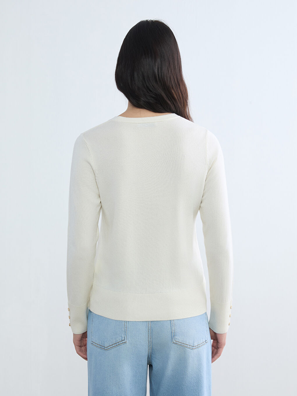 Ekru Bisiklet Yaka Kadın Triko Kazak-3