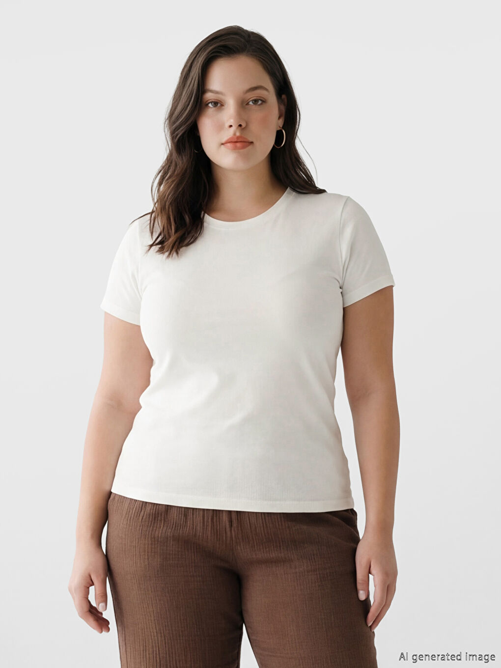 Ekru Bisiklet Yaka Kadın Tişört