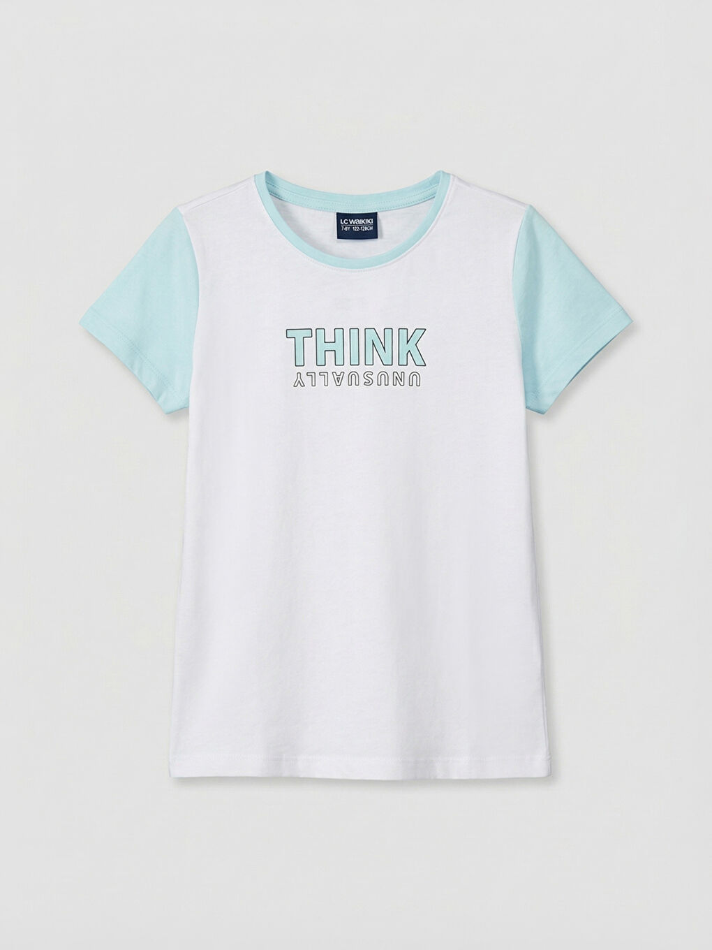 Turkuaz Bisiklet Yaka Baskılı Kız Çocuk Tişört