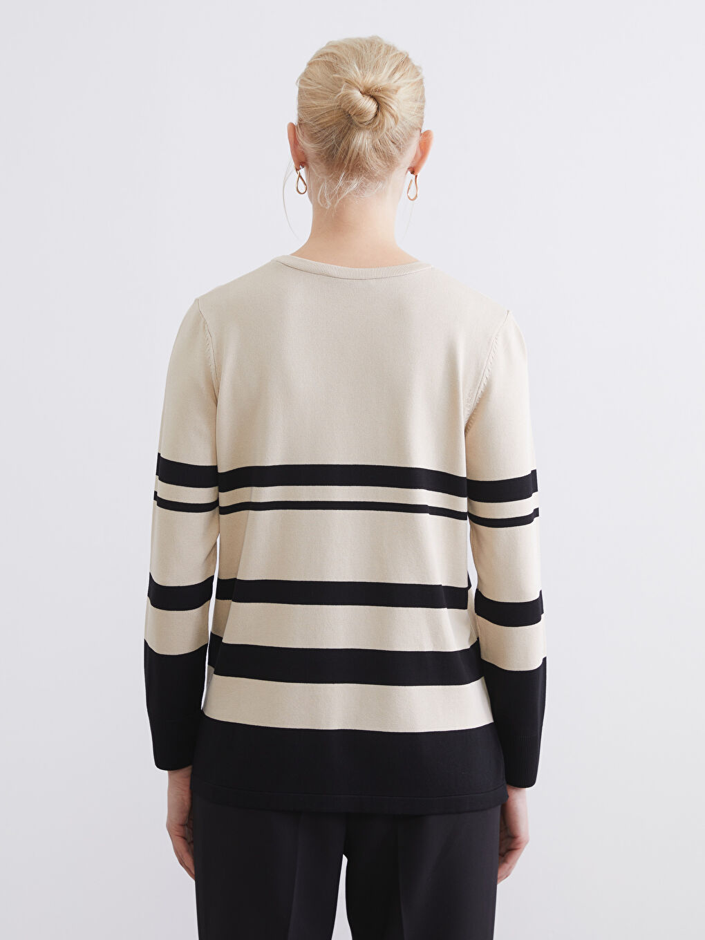 Bej Bisiklet Yaka Çizgili Kadın Triko Kazak-3