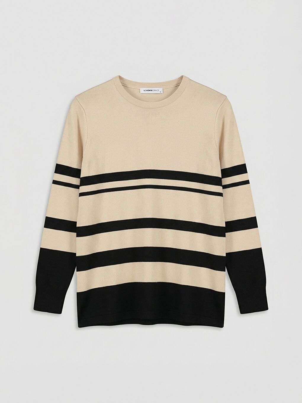 Bej Bisiklet Yaka Çizgili Kadın Triko Kazak