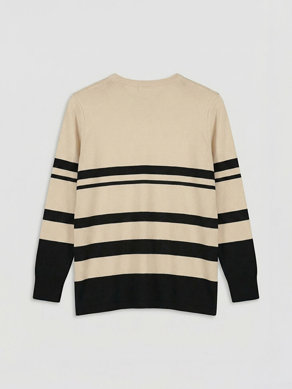 Bej Bisiklet Yaka Çizgili Kadın Triko Kazak-1