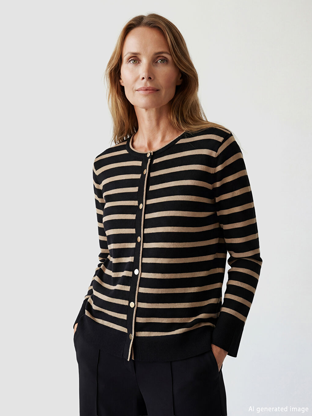 Crew Neck Striped Women's Tricot Cardigan
