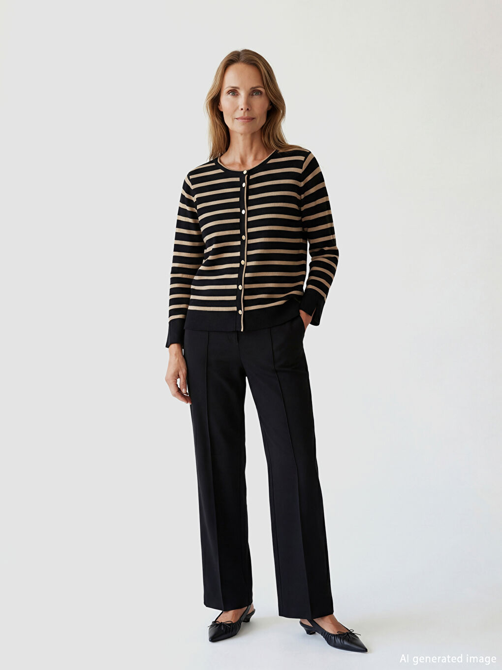 Crew Neck Striped Women's Tricot Cardigan-1