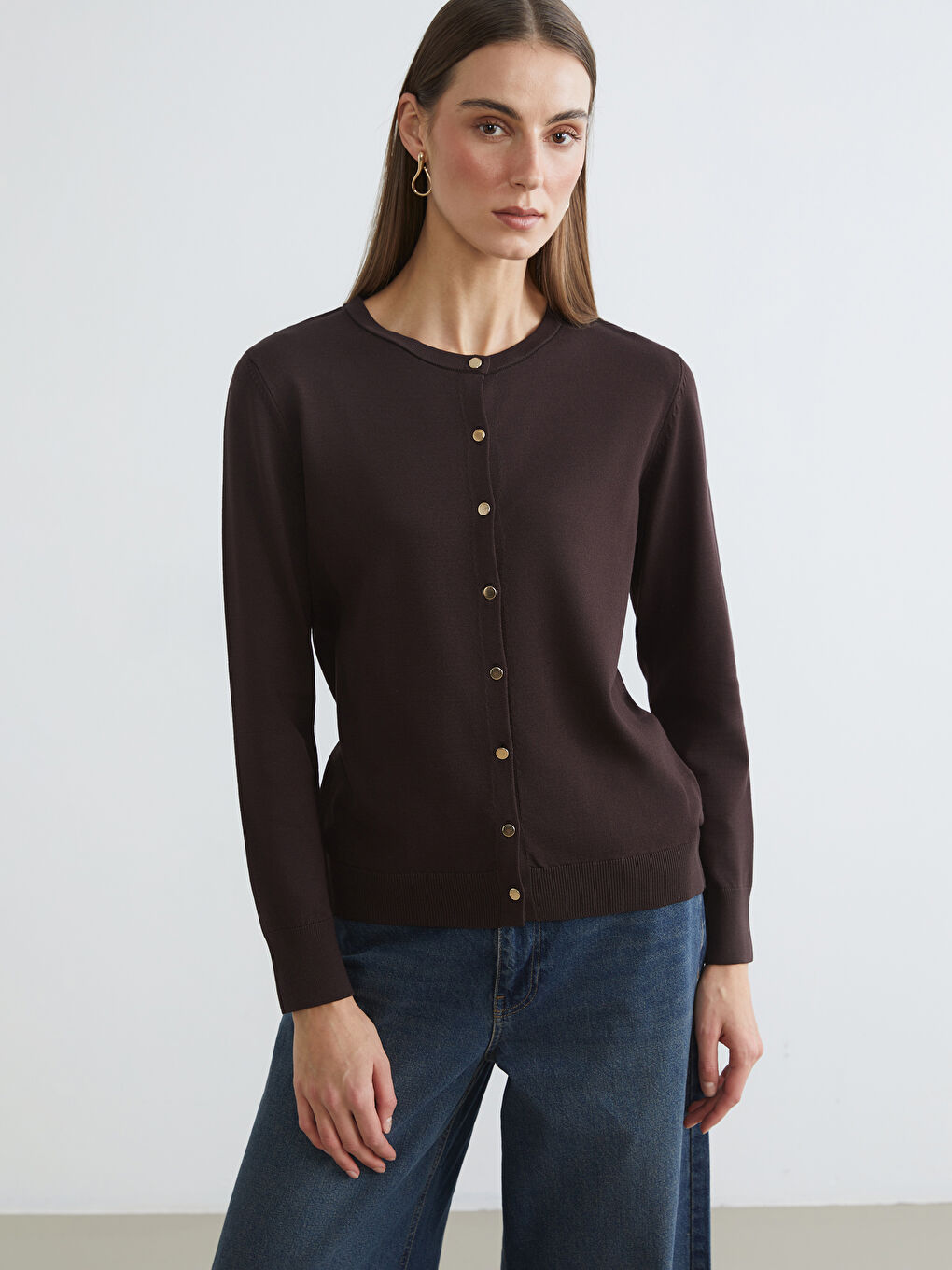 Kahverengi Bisiklet Yaka Kadın Triko Hırka