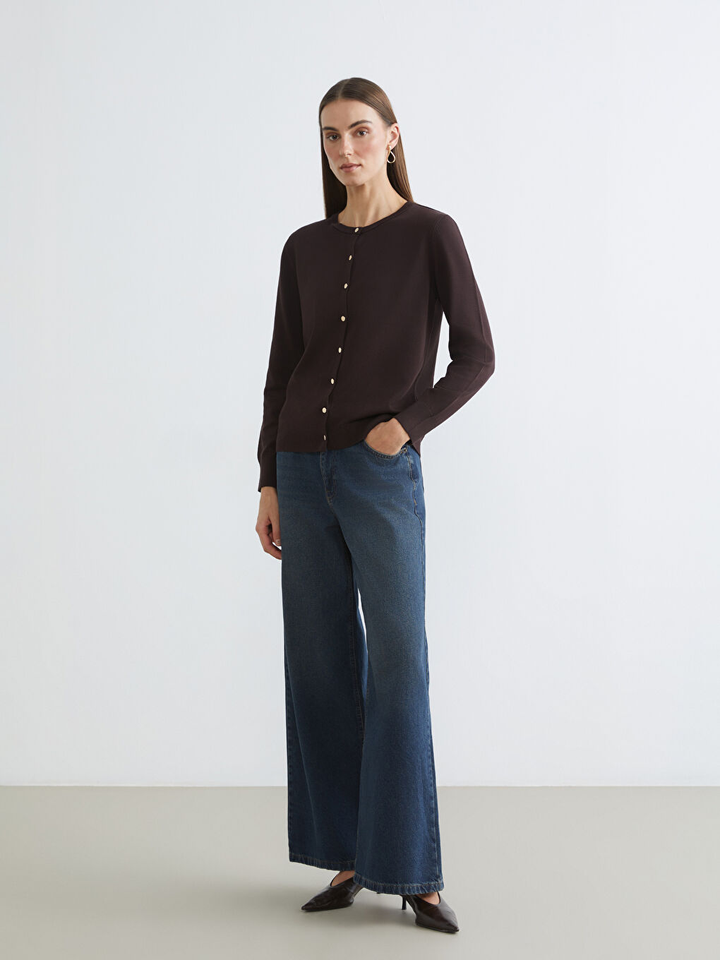 Kahverengi Bisiklet Yaka Kadın Triko Hırka-1