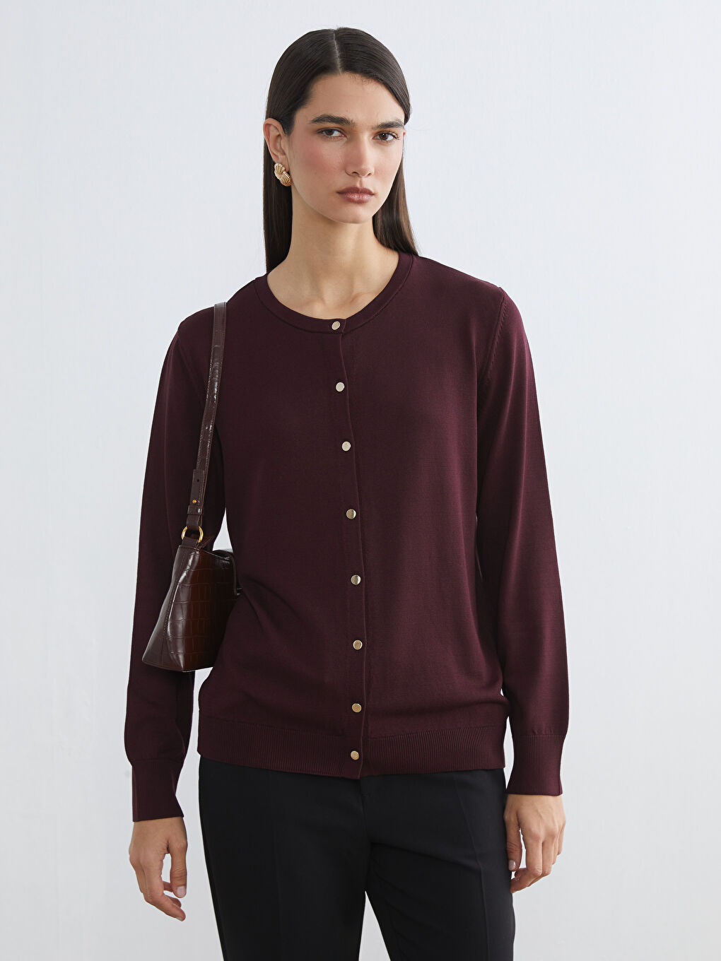 Mürdüm Bisiklet Yaka Kadın Triko Hırka