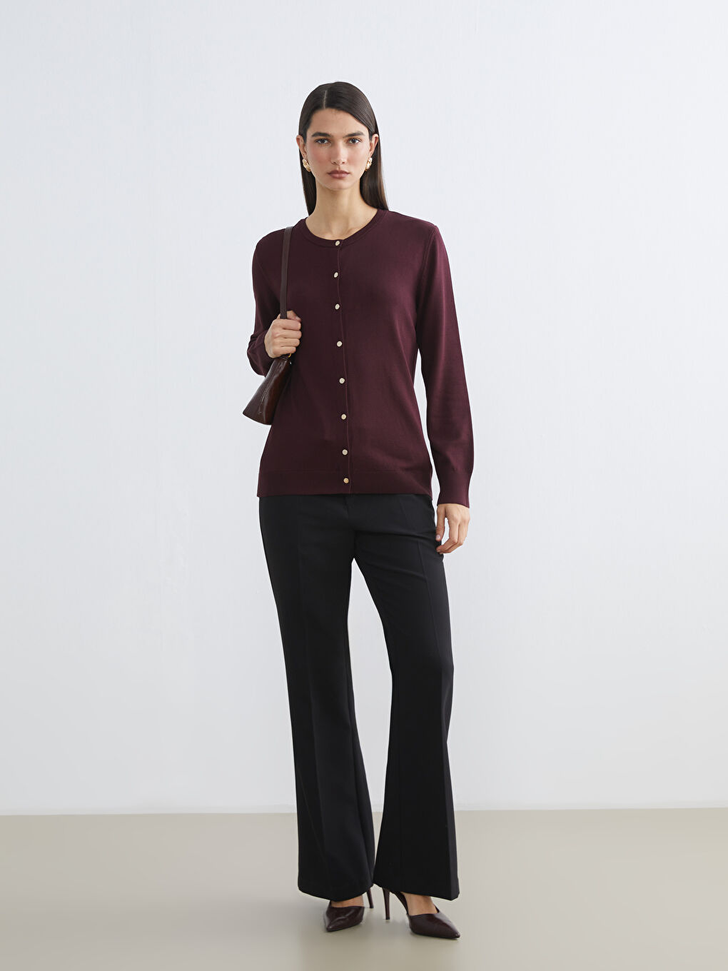 Mürdüm Bisiklet Yaka Kadın Triko Hırka-1