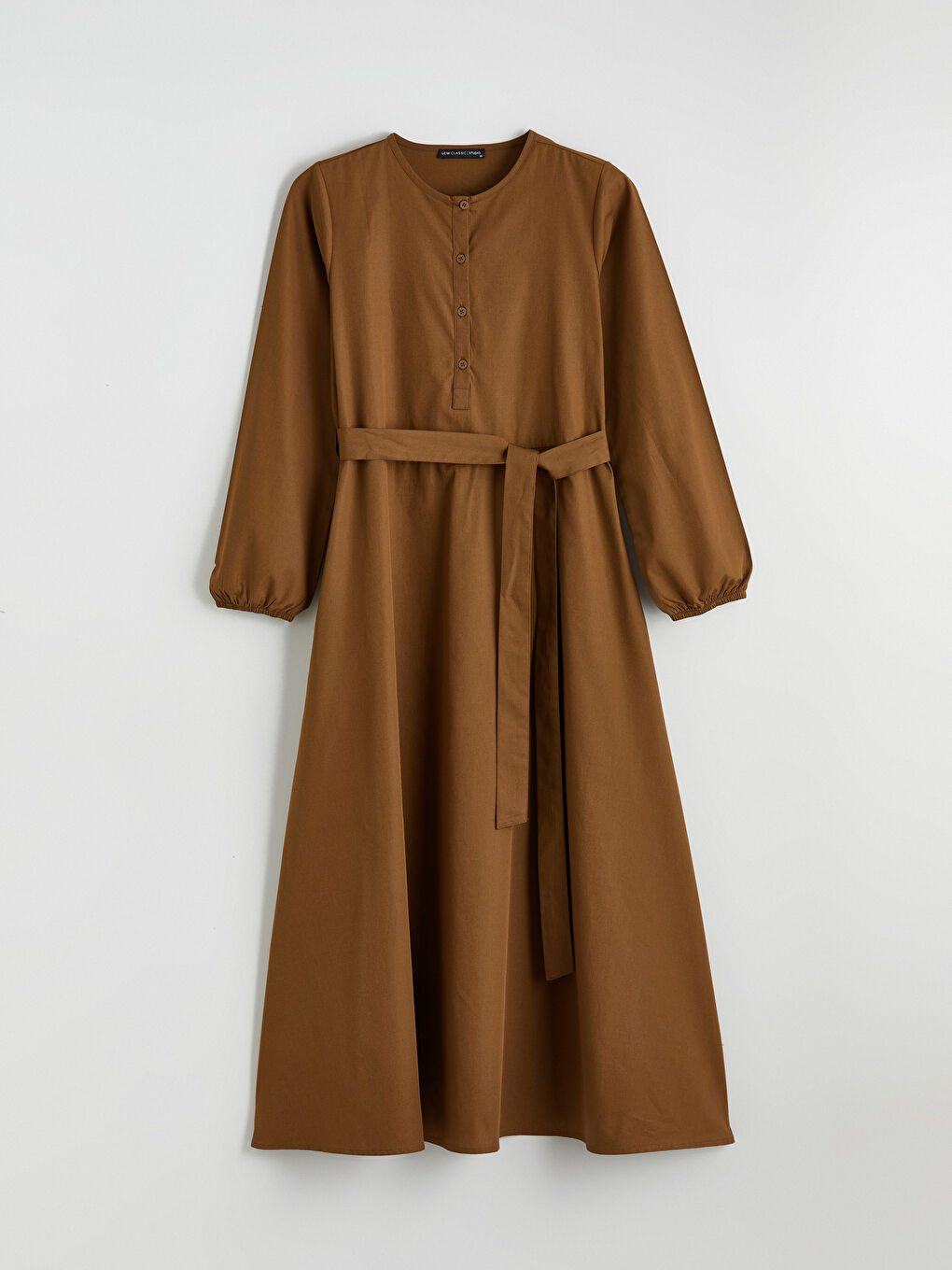 Kahverengi Bisiklet Yaka Kuşaklı Elbise-4