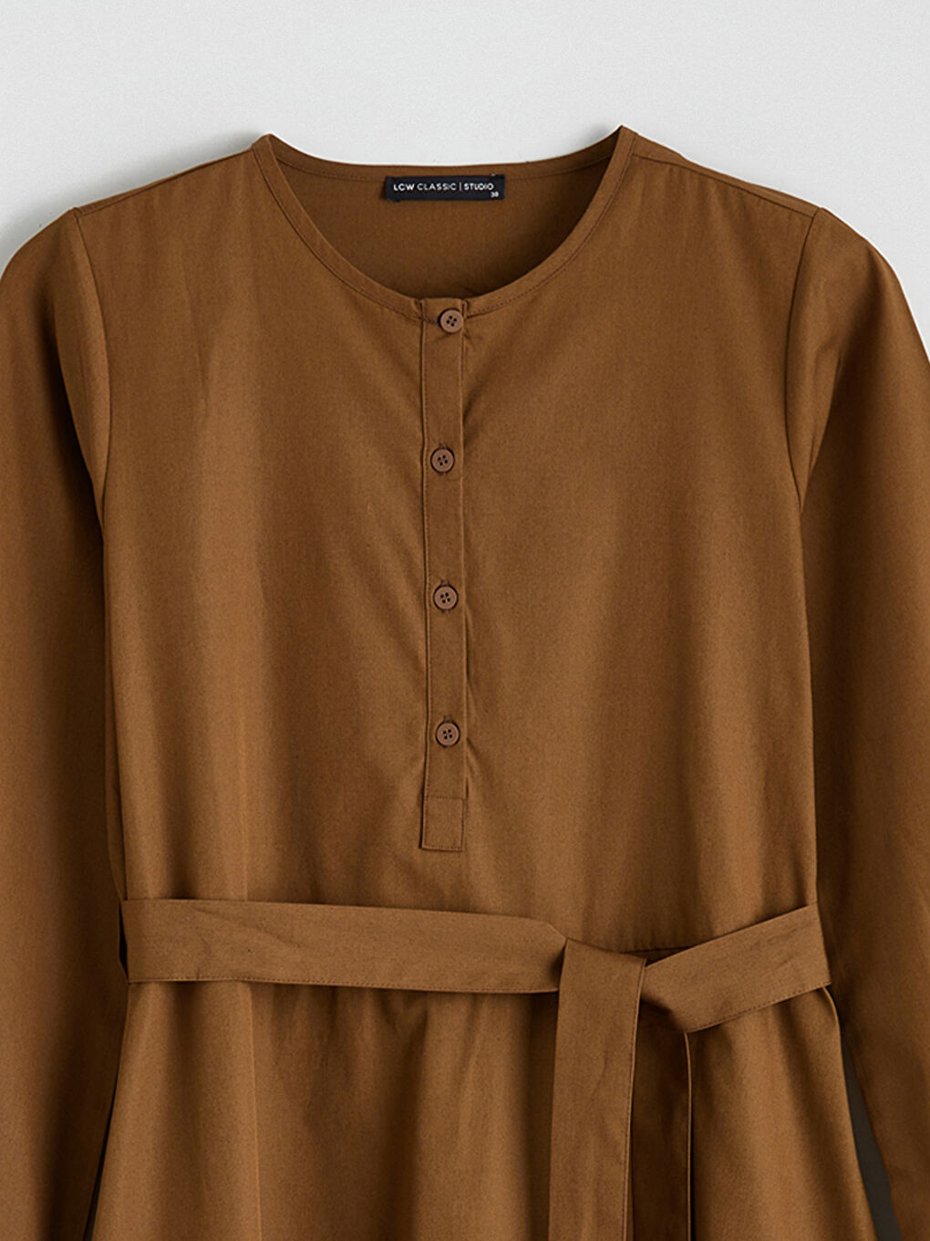 Kahverengi Bisiklet Yaka Kuşaklı Elbise-5