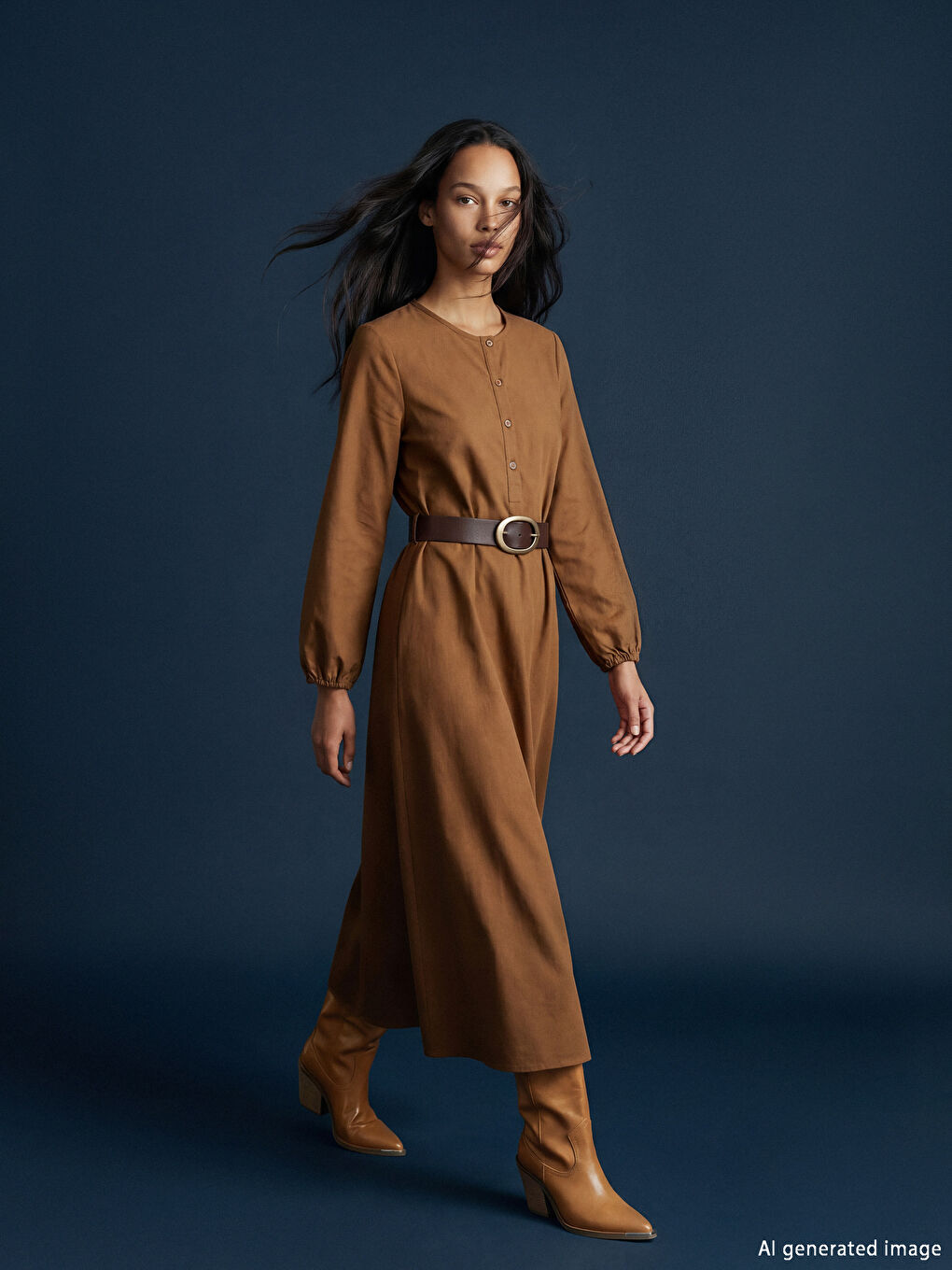 Kahverengi Bisiklet Yaka Kuşaklı Elbise