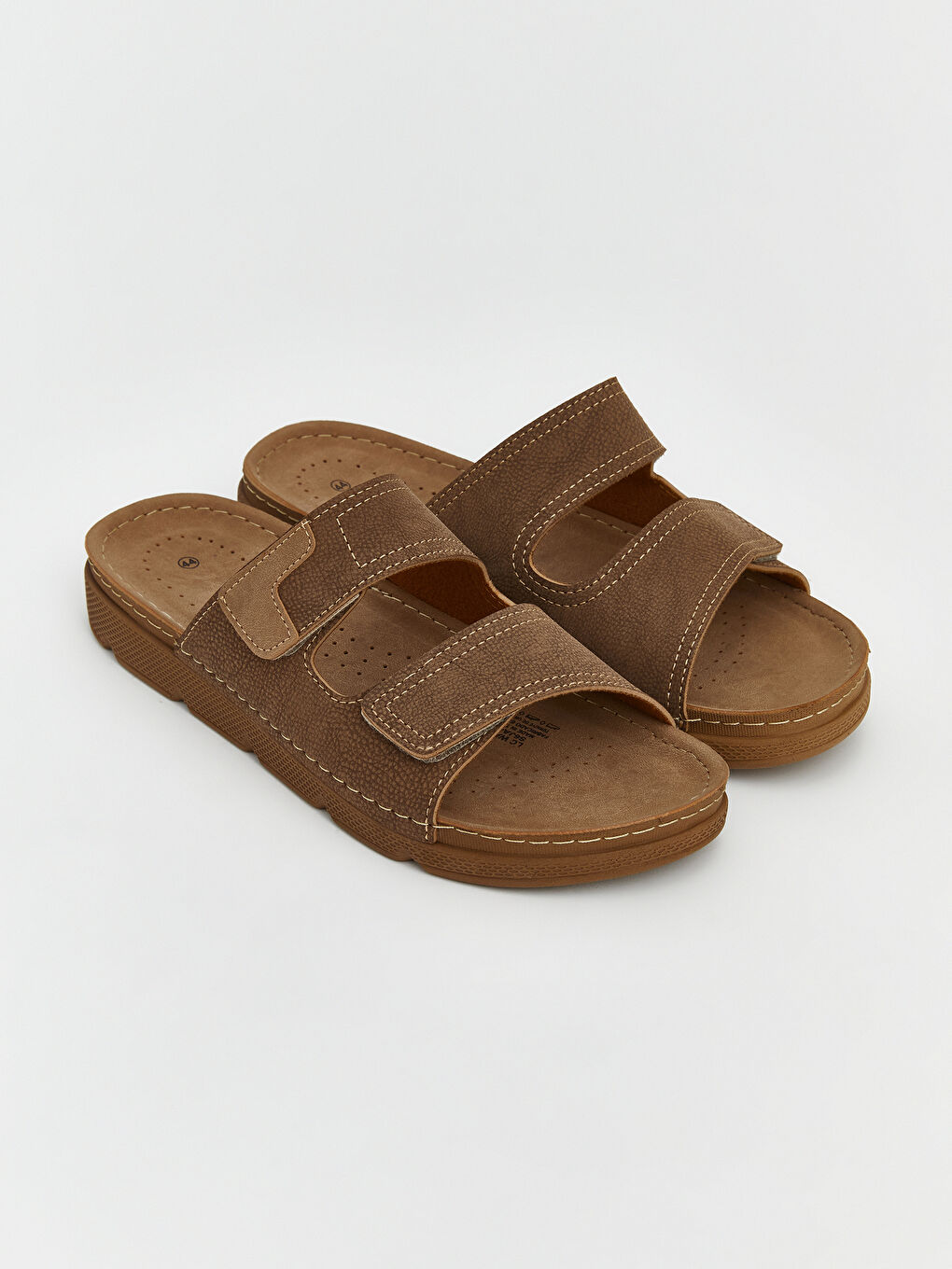 Bej Çift Bantlı Cırt Cırt Kapamalı Erkek Terlik