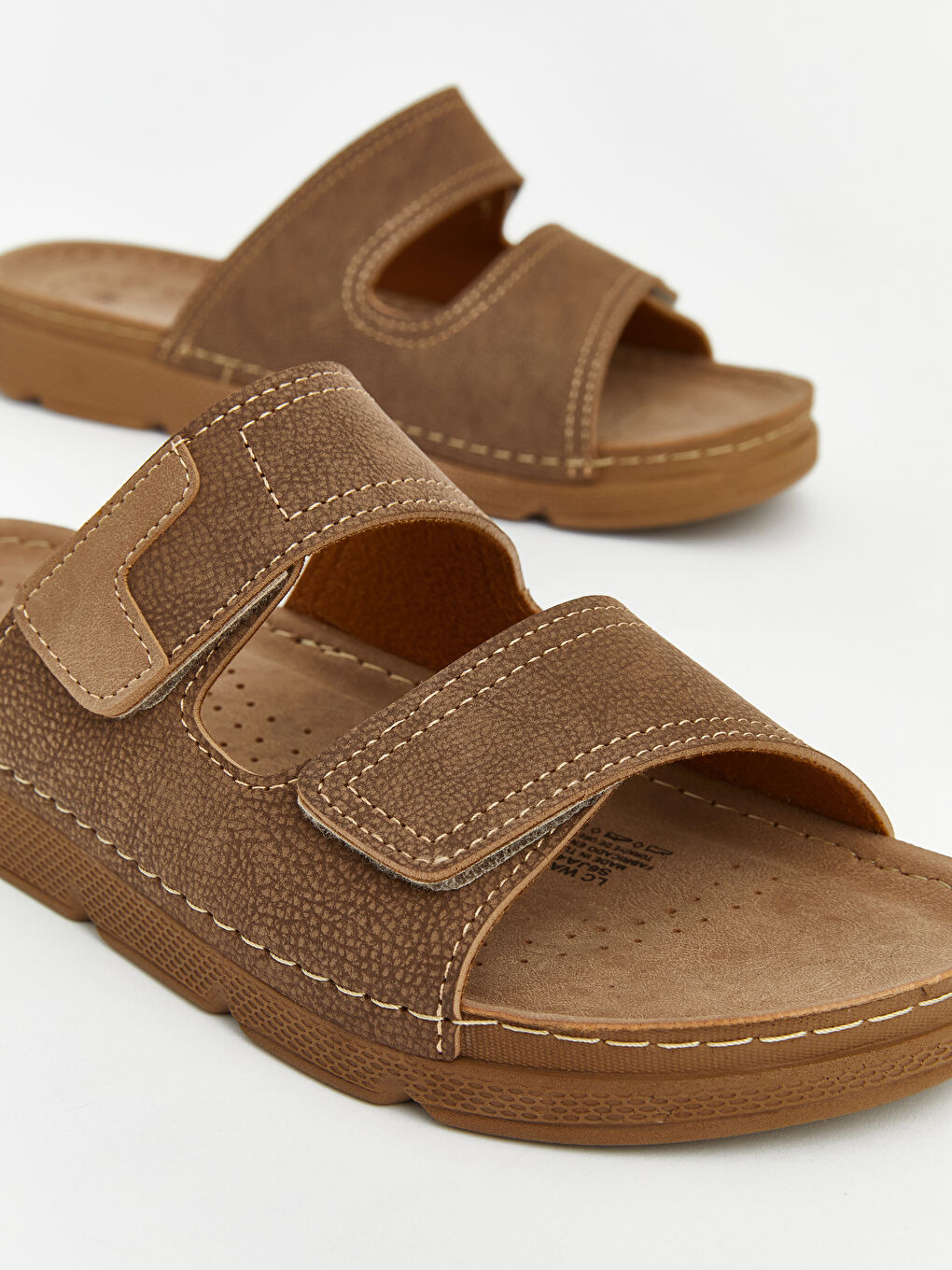 Bej Çift Bantlı Cırt Cırt Kapamalı Erkek Terlik-2