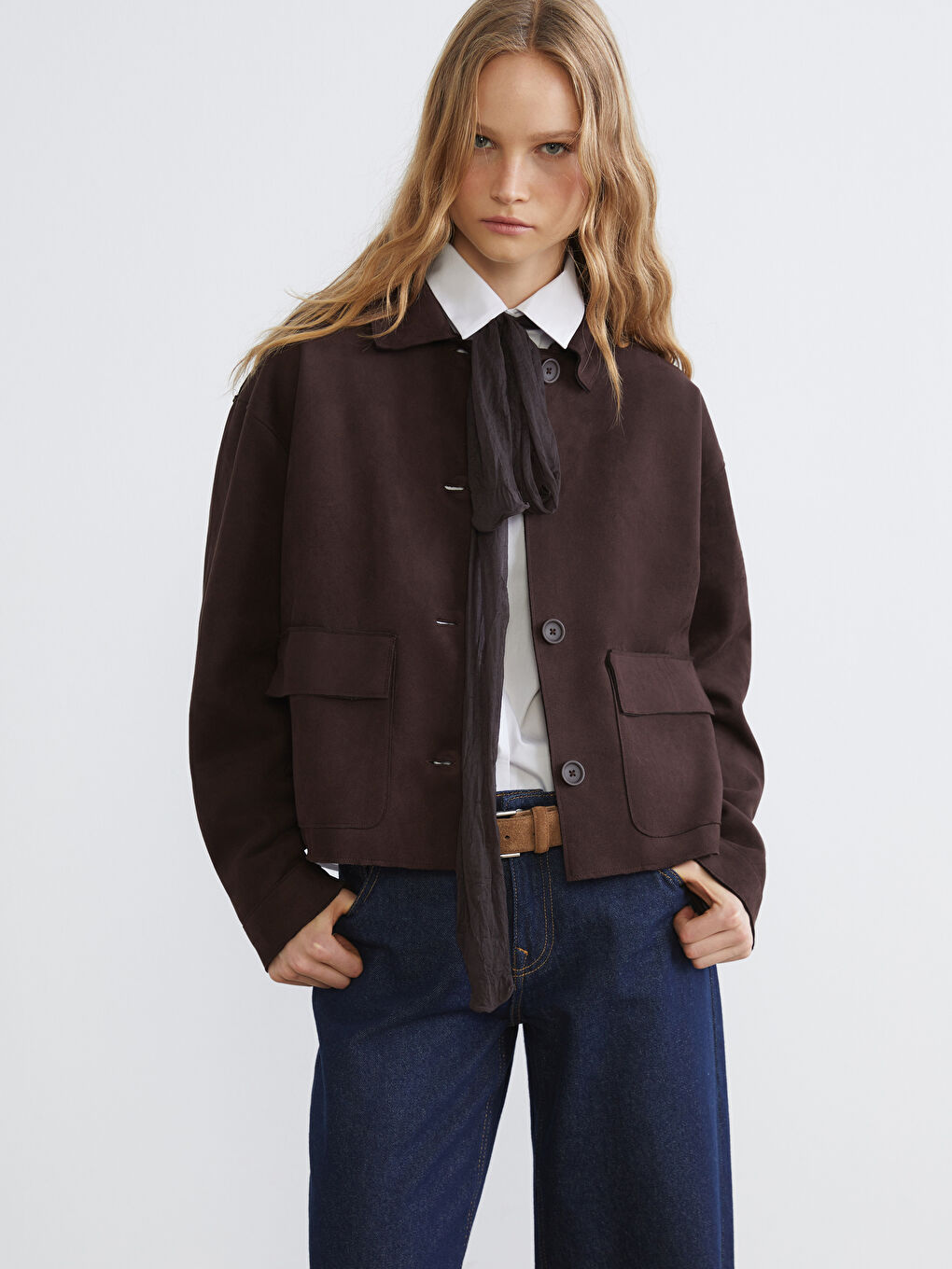 Kahverengi Süet Görünümlü Kadın Gömlek Ceket