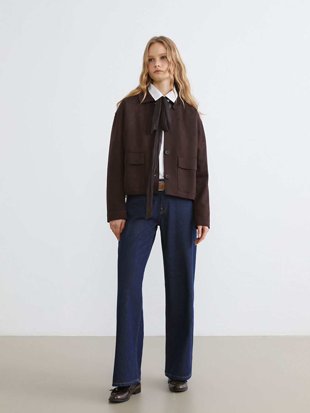 Kahverengi Süet Görünümlü Kadın Gömlek Ceket-1