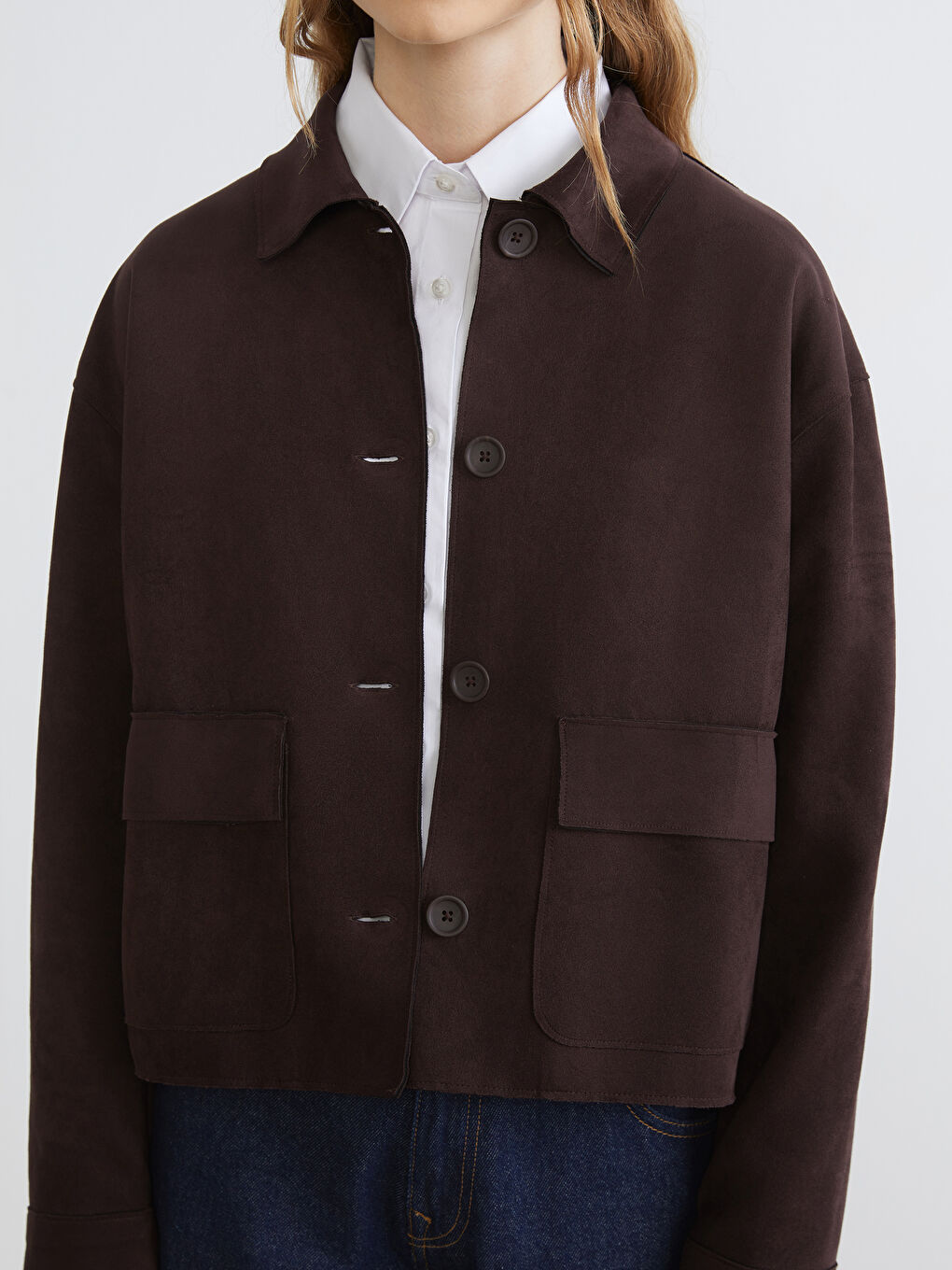 Kahverengi Süet Görünümlü Kadın Gömlek Ceket-2