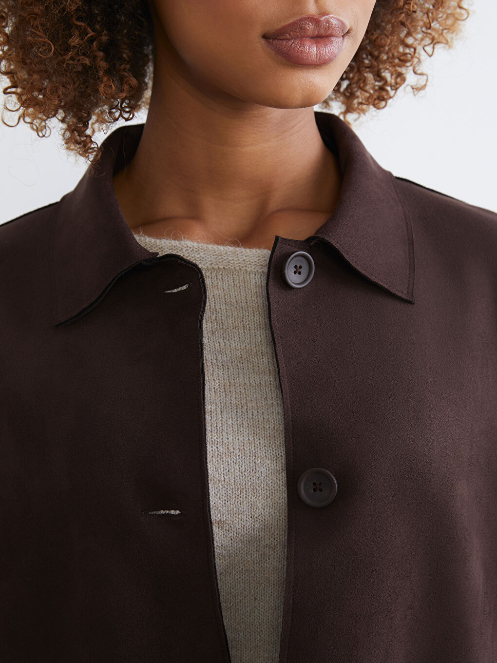 Kahverengi Gömlek Yaka Oversize Süet Görünümlü Kadın Ceket-2