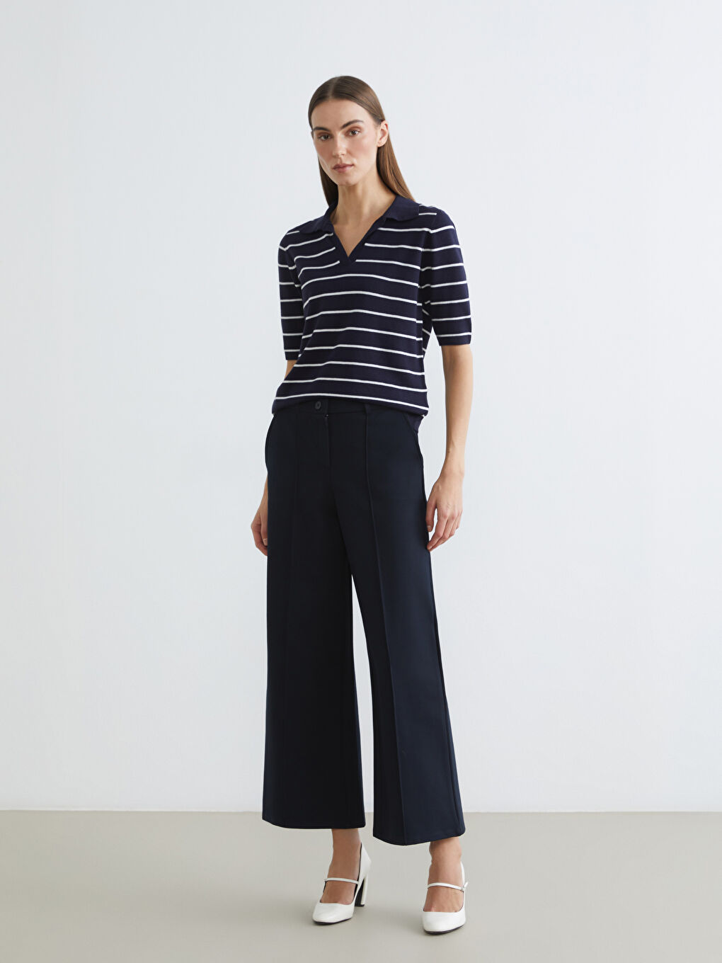 Lacivert Polo Yaka Çizgili Kadın Triko Kazak-1