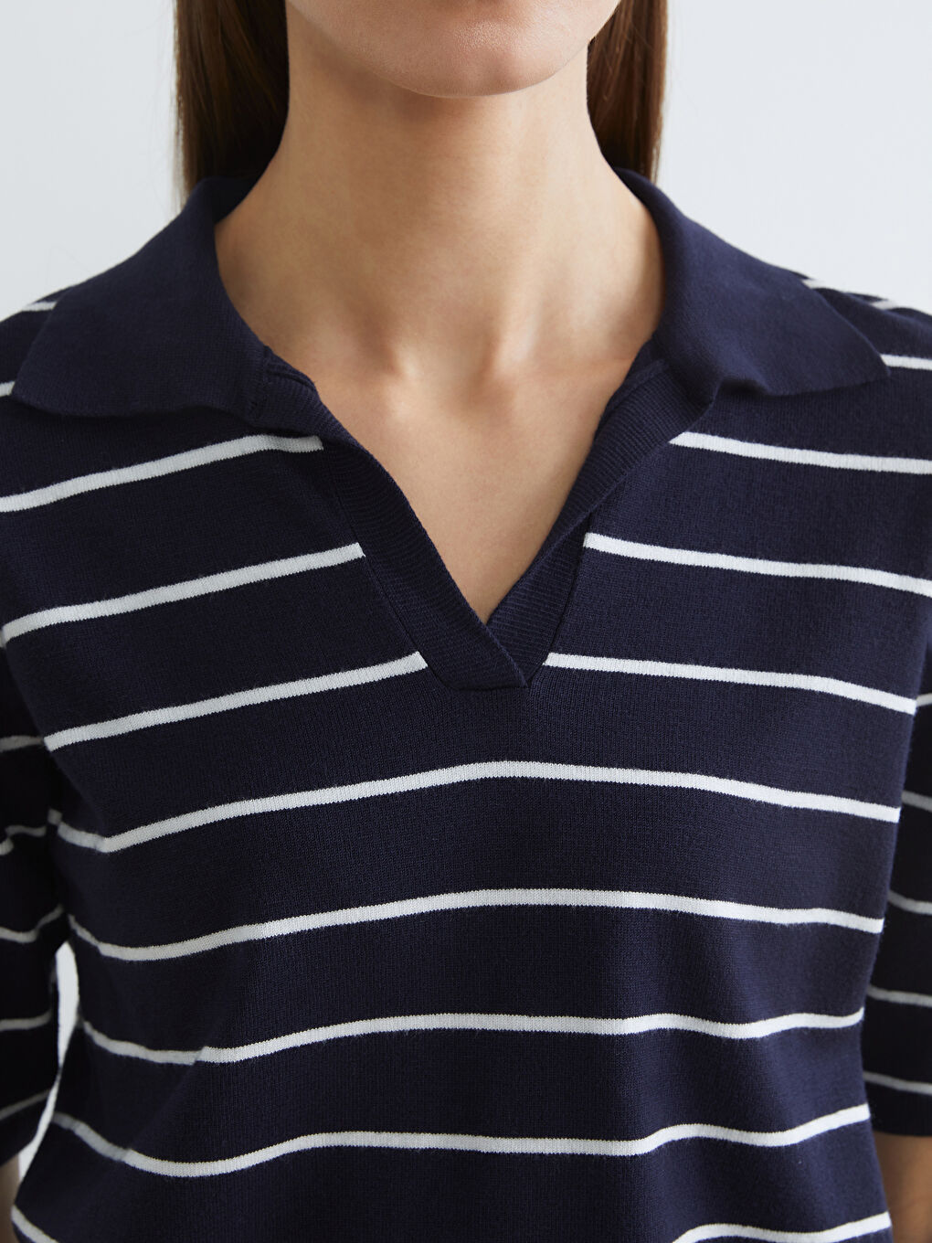 Lacivert Polo Yaka Çizgili Kadın Triko Kazak-2