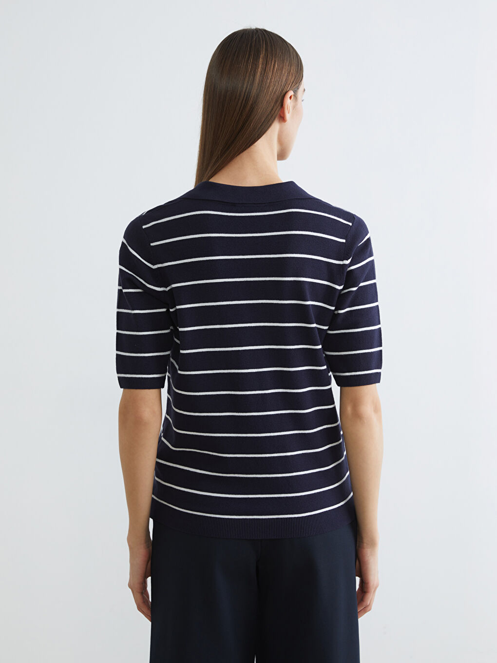 Lacivert Polo Yaka Çizgili Kadın Triko Kazak-3