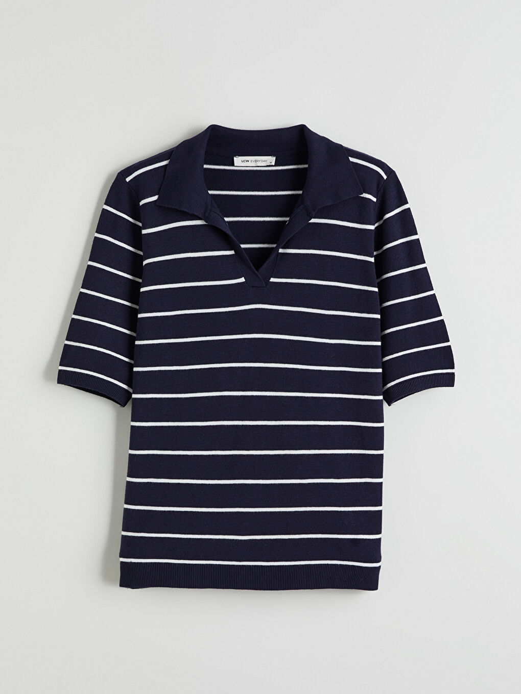 Lacivert Polo Yaka Çizgili Kadın Triko Kazak-4