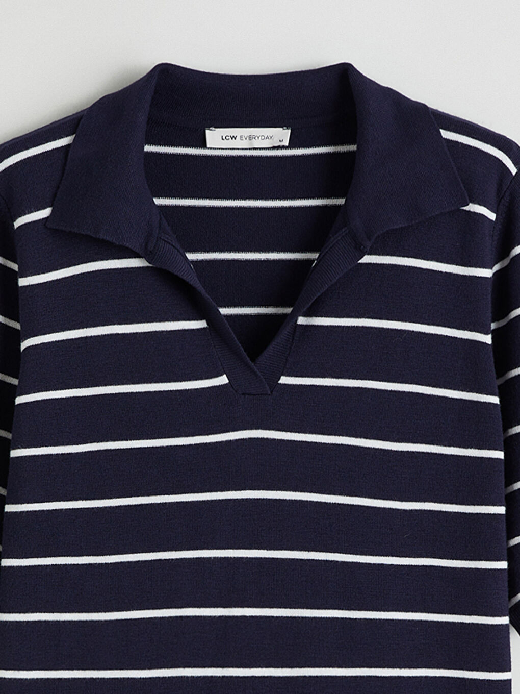 Lacivert Polo Yaka Çizgili Kadın Triko Kazak-5