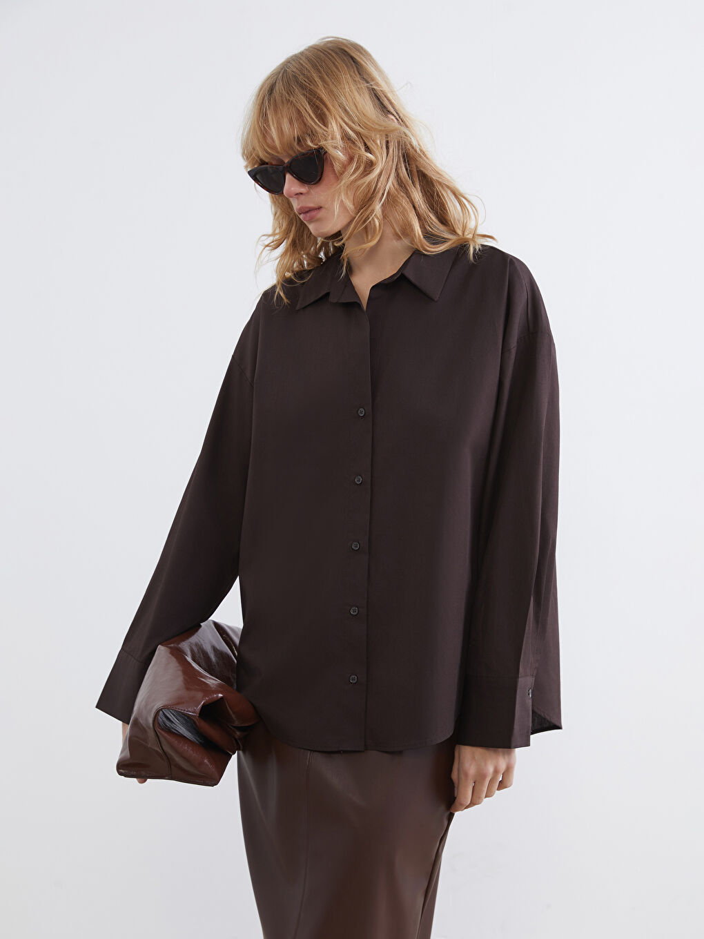 Kahverengi Poplin Kadın Gömlek