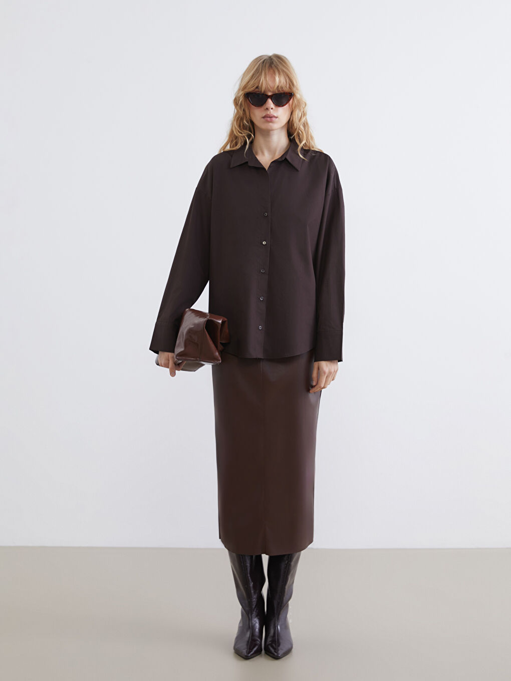 Kahverengi Poplin Kadın Gömlek-1