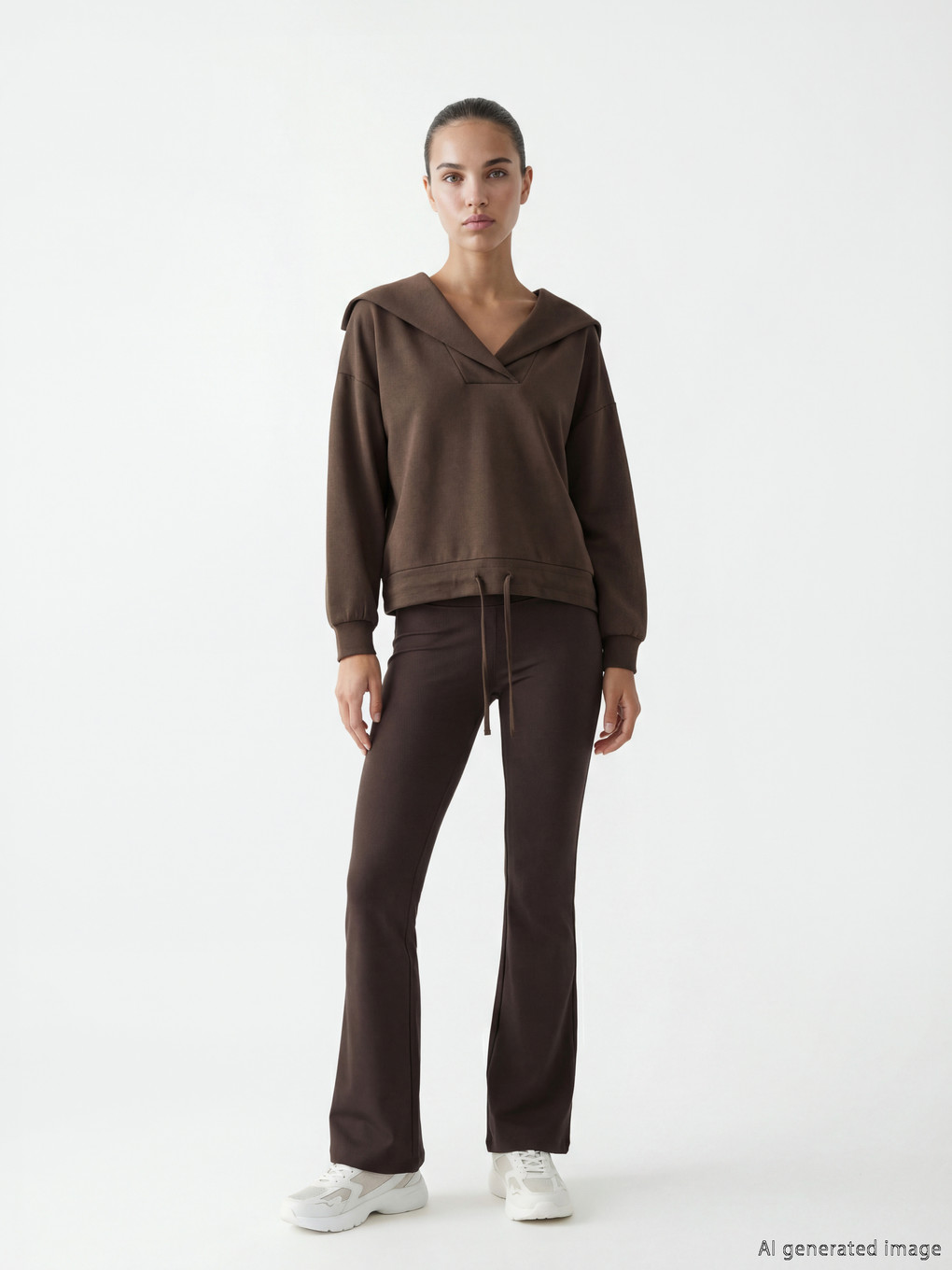 Kahverengi Polo Yaka Oversize Kadın Sweatshirt-1