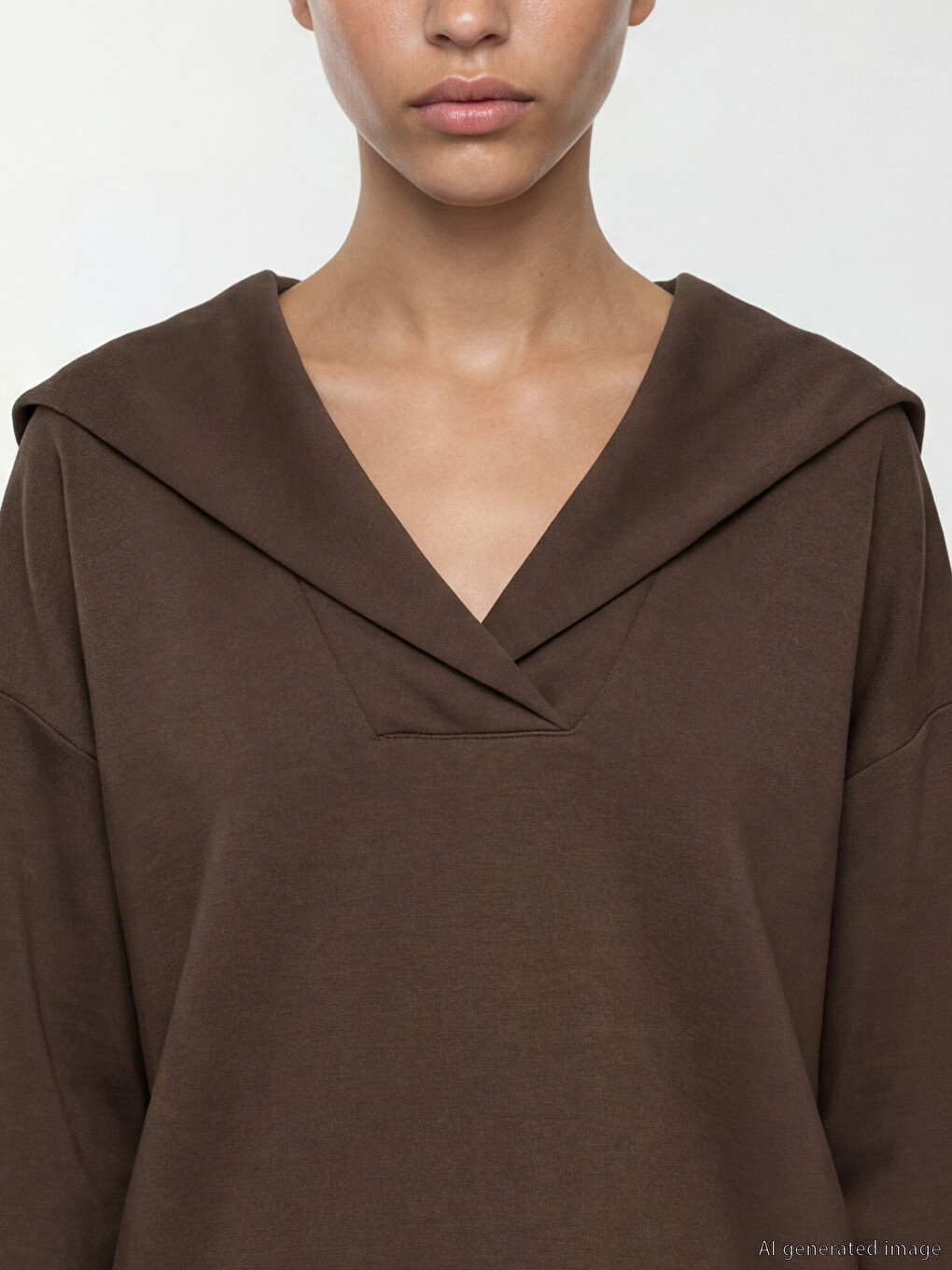 Kahverengi Polo Yaka Oversize Kadın Sweatshirt-2