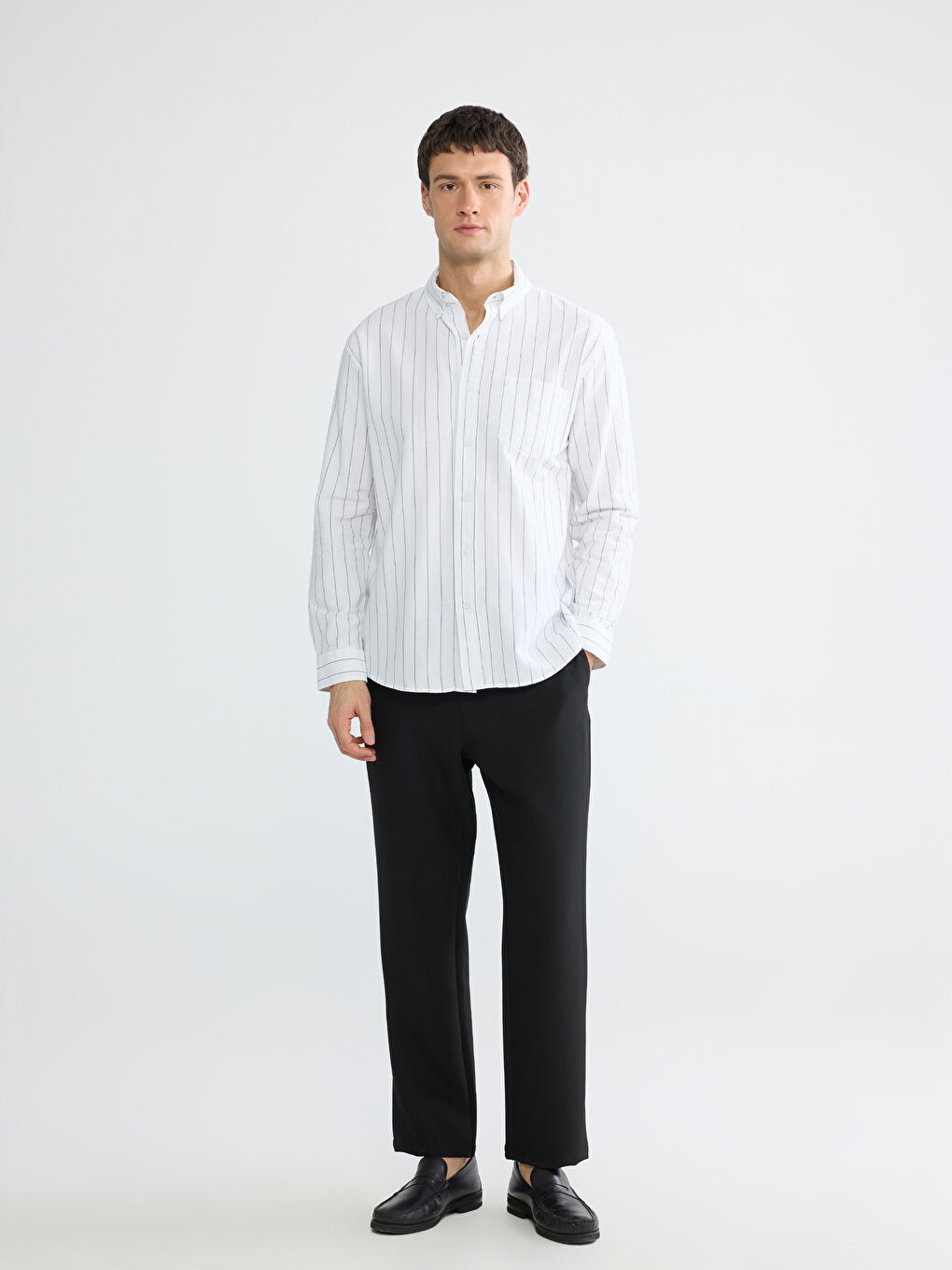 Beyaz Regular Fit Çizgili Oxford Erkek Gömlek-3