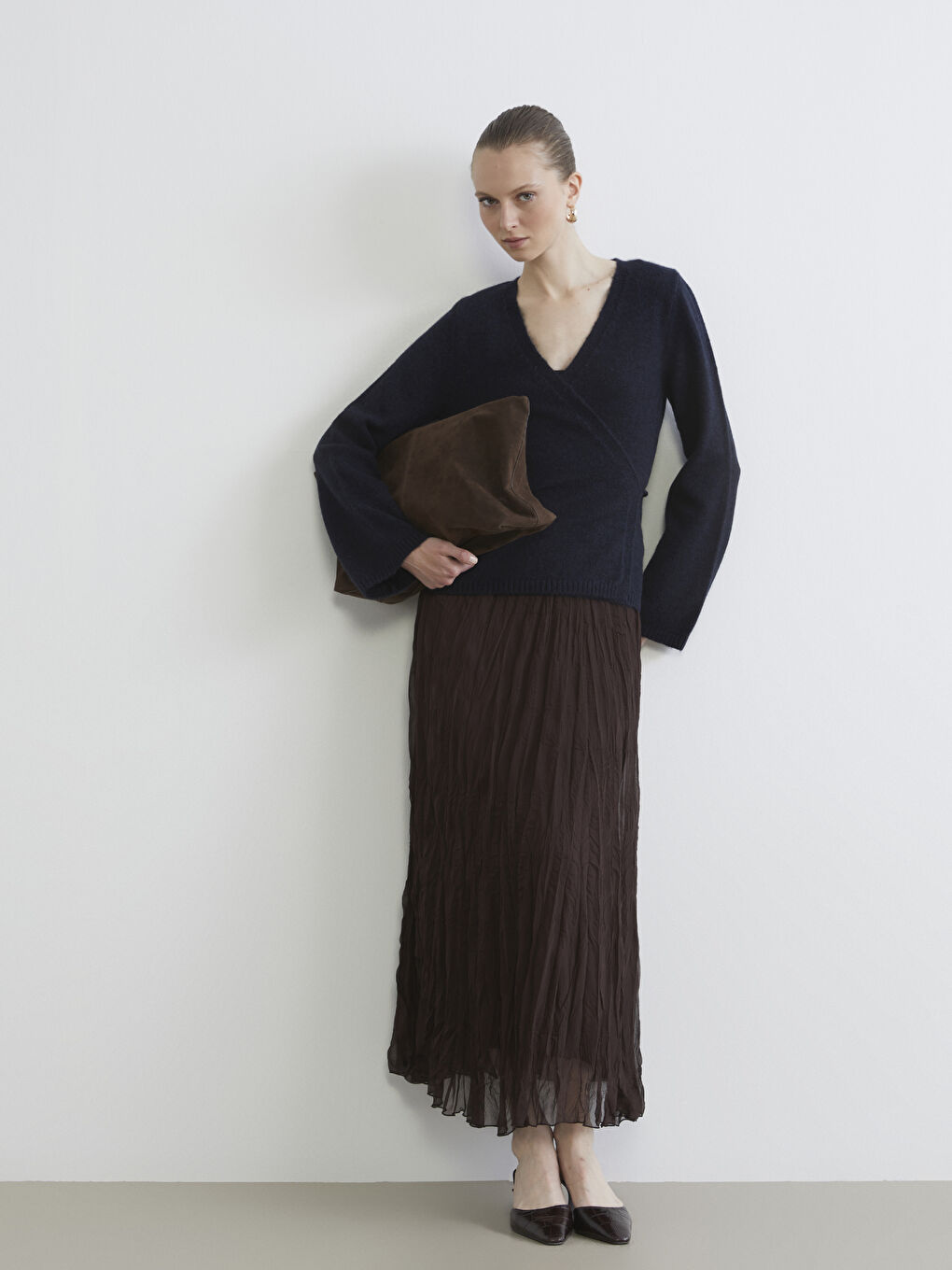 Kahverengi Beli Lastikli Şifon Etek	