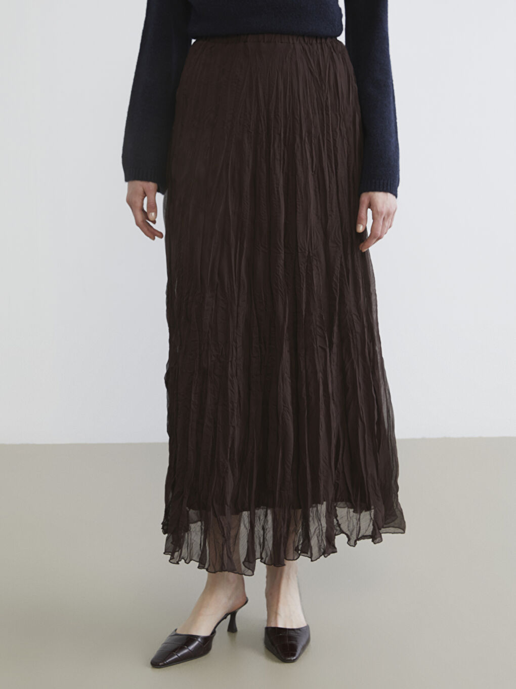 Kahverengi Beli Lastikli Şifon Etek	-1