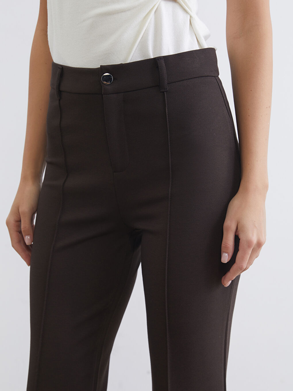 Kahverengi Yüksek Bel İspanyol Paça Kadın Pantolon-2