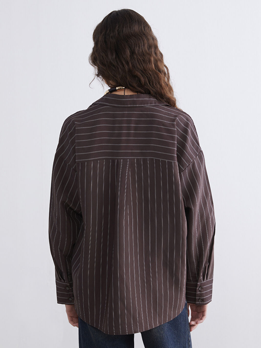 Kahverengi Çizgili Oversize Kadın Gömlek-3