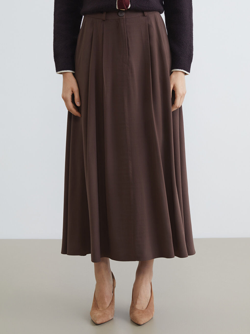 Kahverengi Yüksek Bel Pileli Etek-1