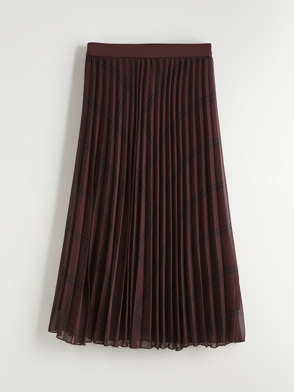 Bordo Beli Lastikli Ekose Desenli Pileli Etek