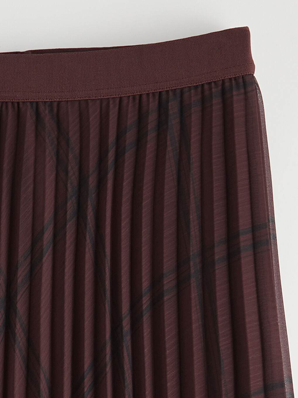 Bordo Beli Lastikli Ekose Desenli Pileli Etek-1