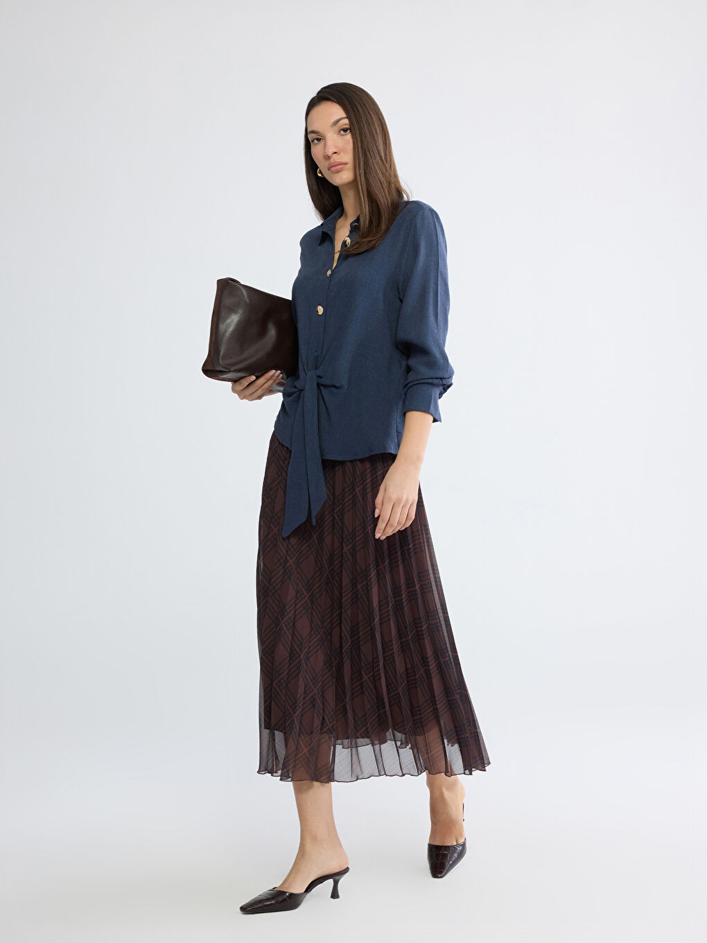 Karışık Beli Lastikli Ekose Desenli Pileli Etek