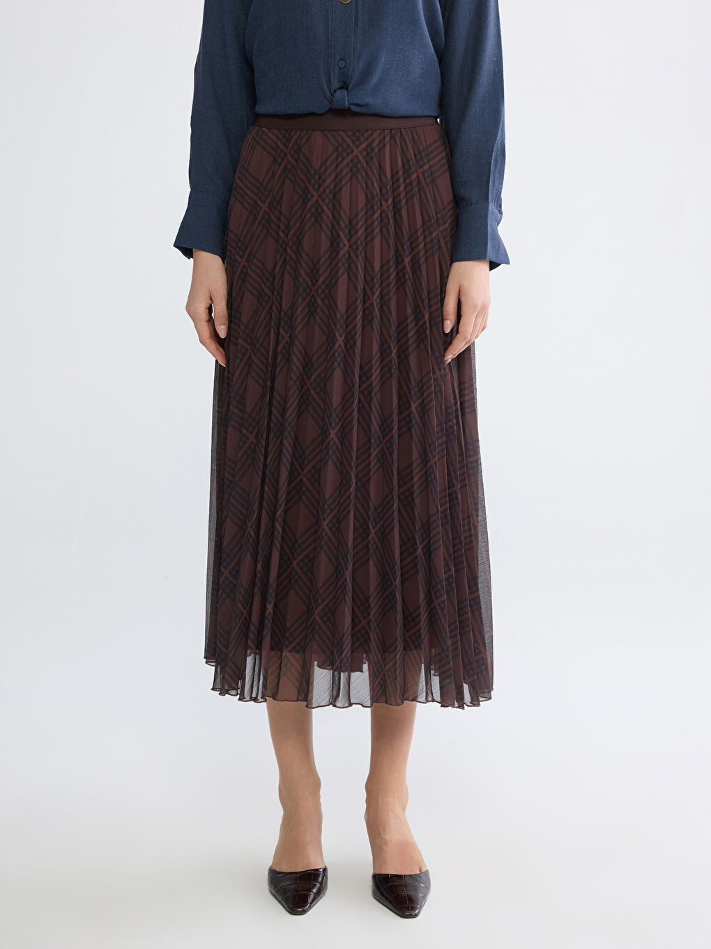 Karışık Beli Lastikli Ekose Desenli Pileli Etek-1