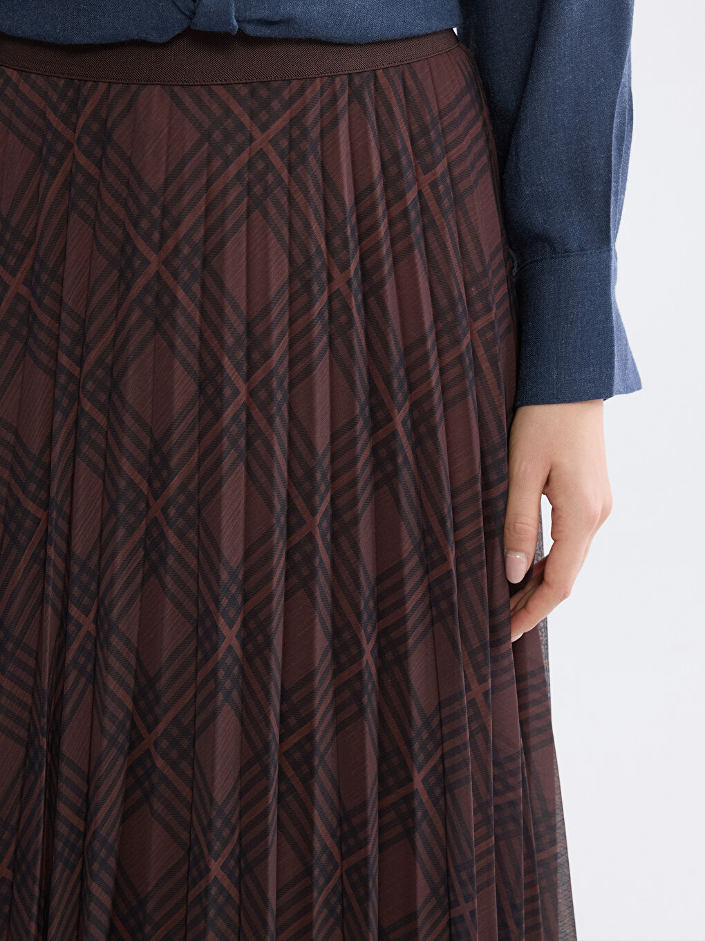 Karışık Beli Lastikli Ekose Desenli Pileli Etek-2