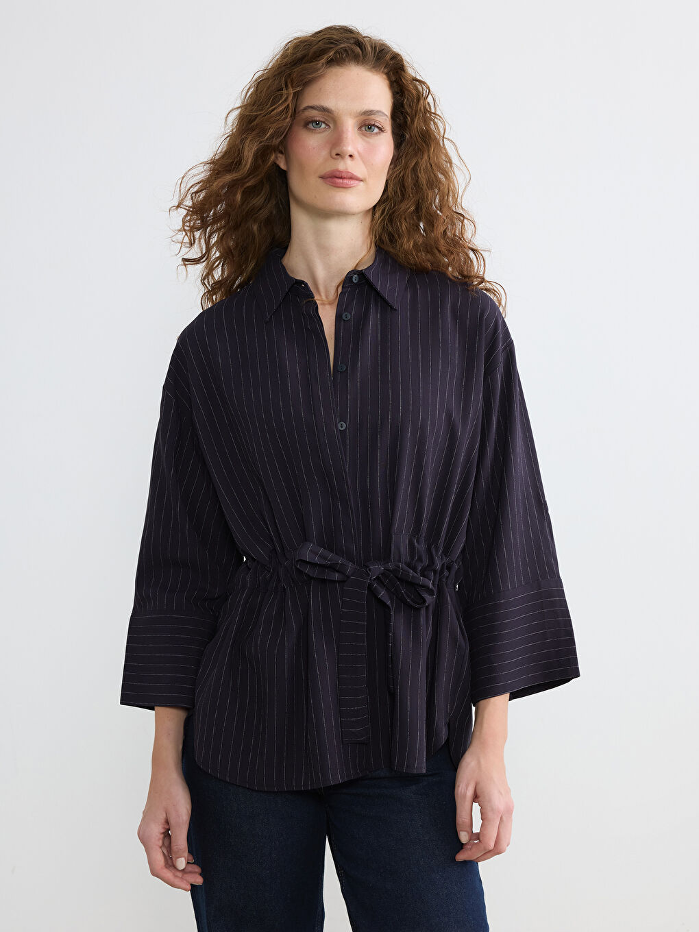 Lacivert Çizgili Bağlamalı Oversize Kadın Gömlek