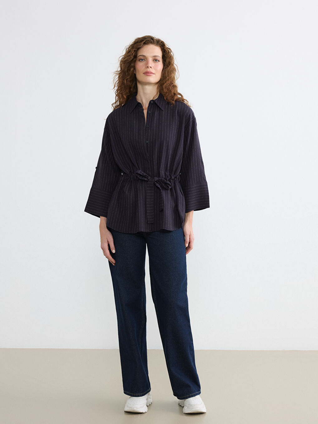 Lacivert Çizgili Bağlamalı Oversize Kadın Gömlek-1